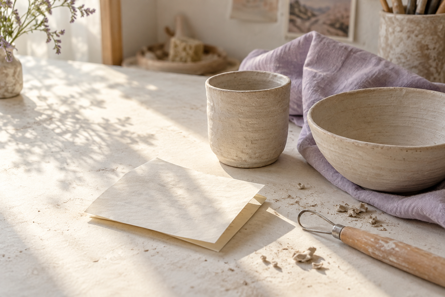AI-generated illustration of a pottery workspace with a folded note